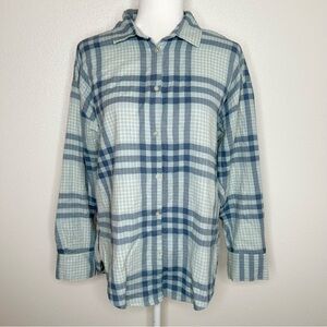 LOFT Woman Teal & Blue Plaid Flannel Button Up Long Sleeve Shirt Size S